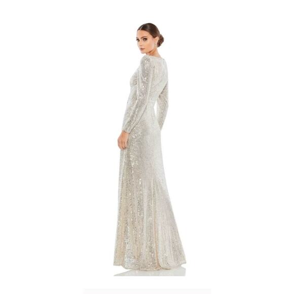 Mac Duggal Mac Duggal Wm's Sequined Silver Faux Wrap Long Sleeve Gown Sz 6 NWT - Picture 1 of 11